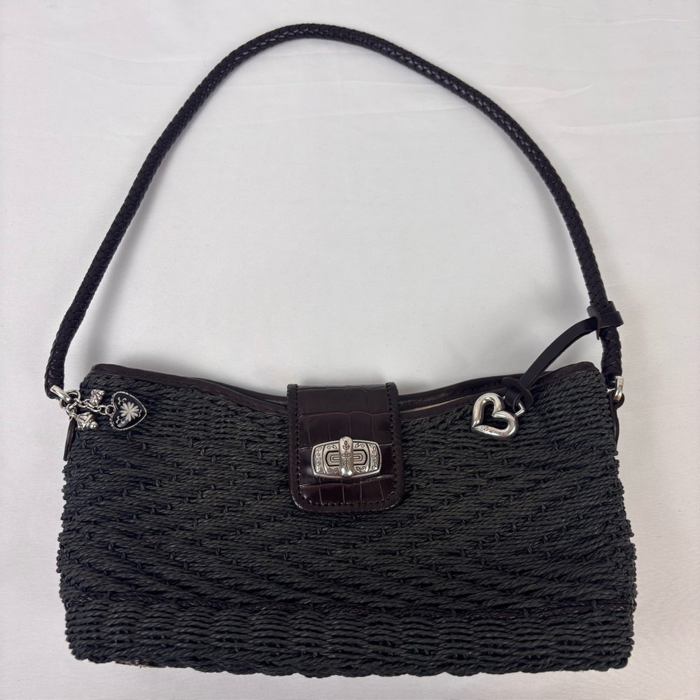 Brighton Woven Bag Braided Strap Shoulder Bag Black Brown Trim Purse